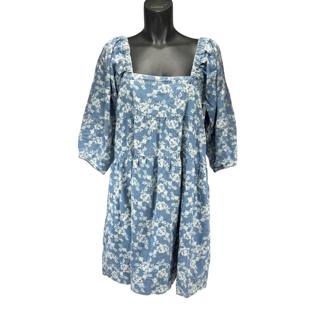 CAMAIEU Denim Floral‎ Puff Balloon Sleeve Tiered Babydoll Blue Mini Dress Size M